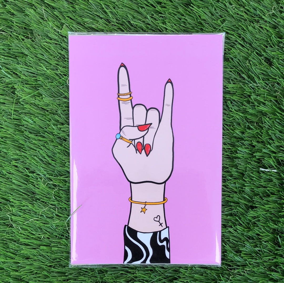 Sinead And Peggy A4 Print - Rock And Roll Hand (Pink)