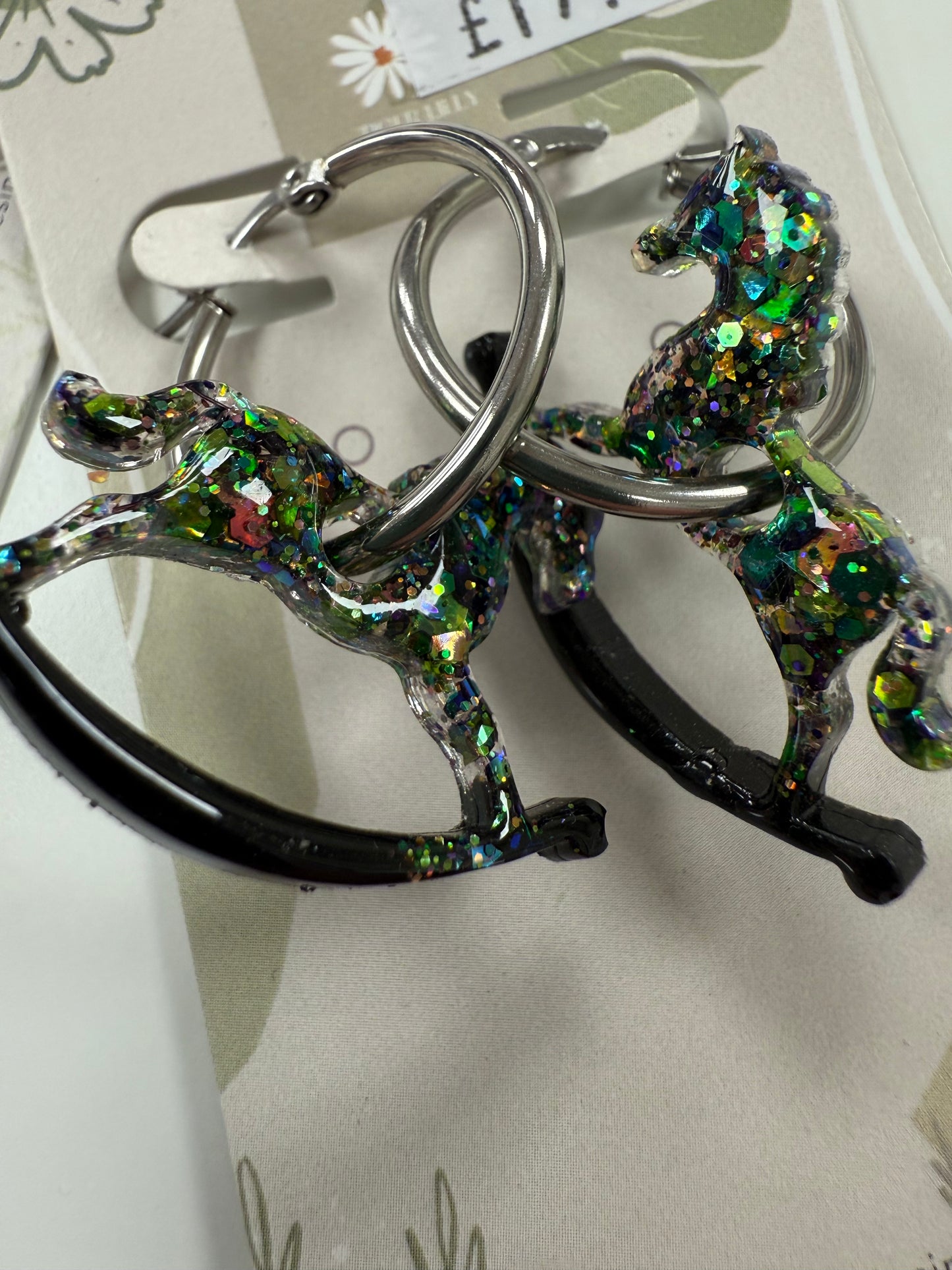 Rocking Horse Silver Hoop Earrings by Tiger Lilly Resin