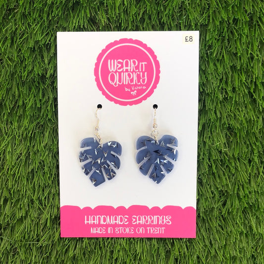 Wear It Quirky £8 Dangle Earrings - Blue Monstera Leaves
