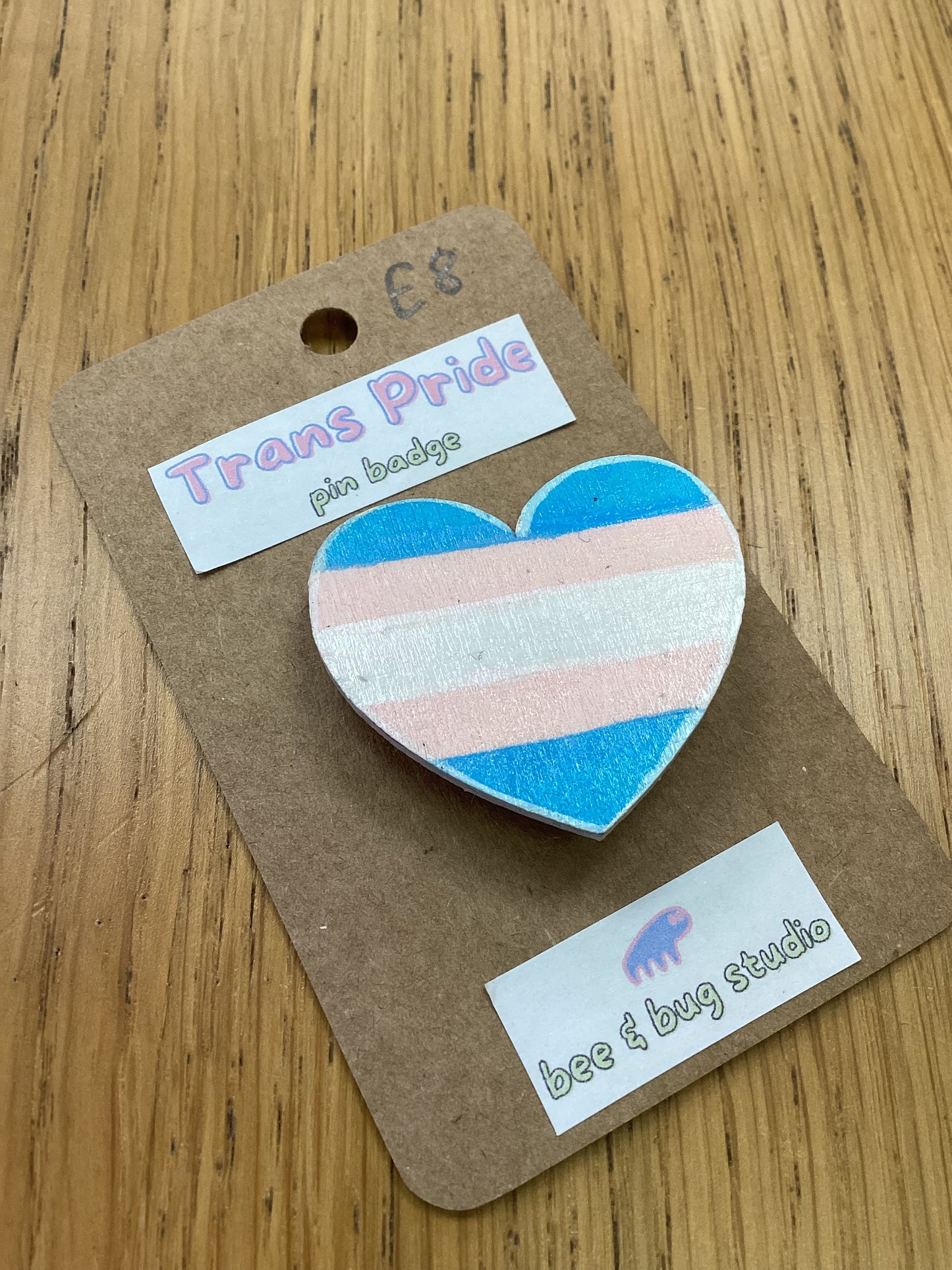 Trans pride wooden pin badge Bee & Bug Studio