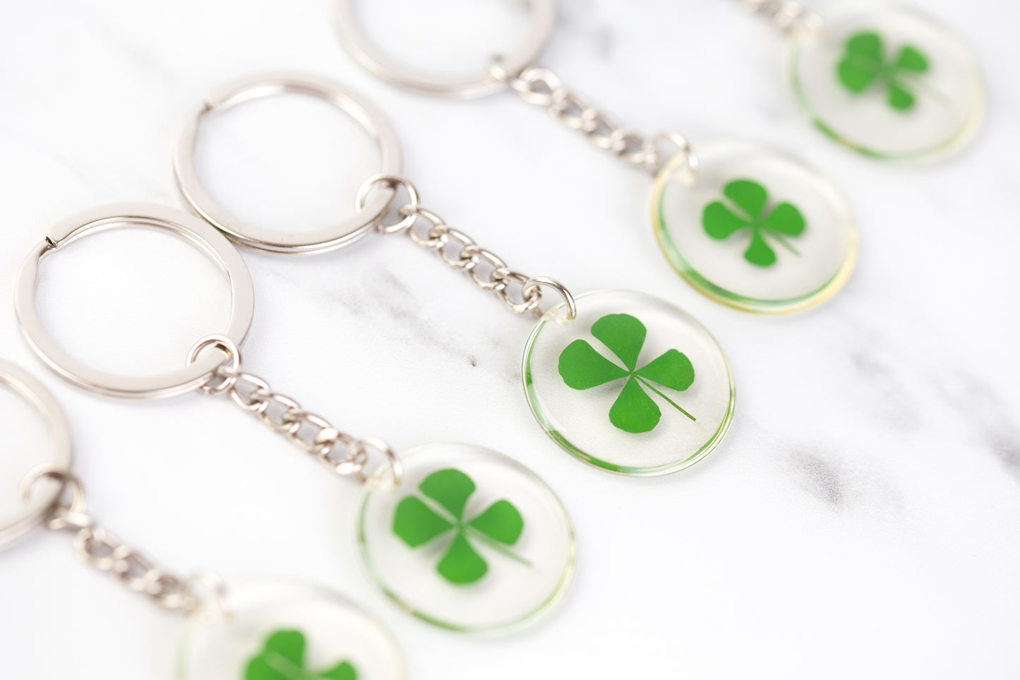 Clouds of Blossom Pressed Four Leaf Clover Keyring