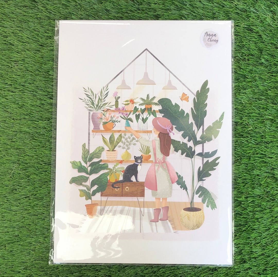 A4 Print - Greenhouse with Cat by Anna Cheng