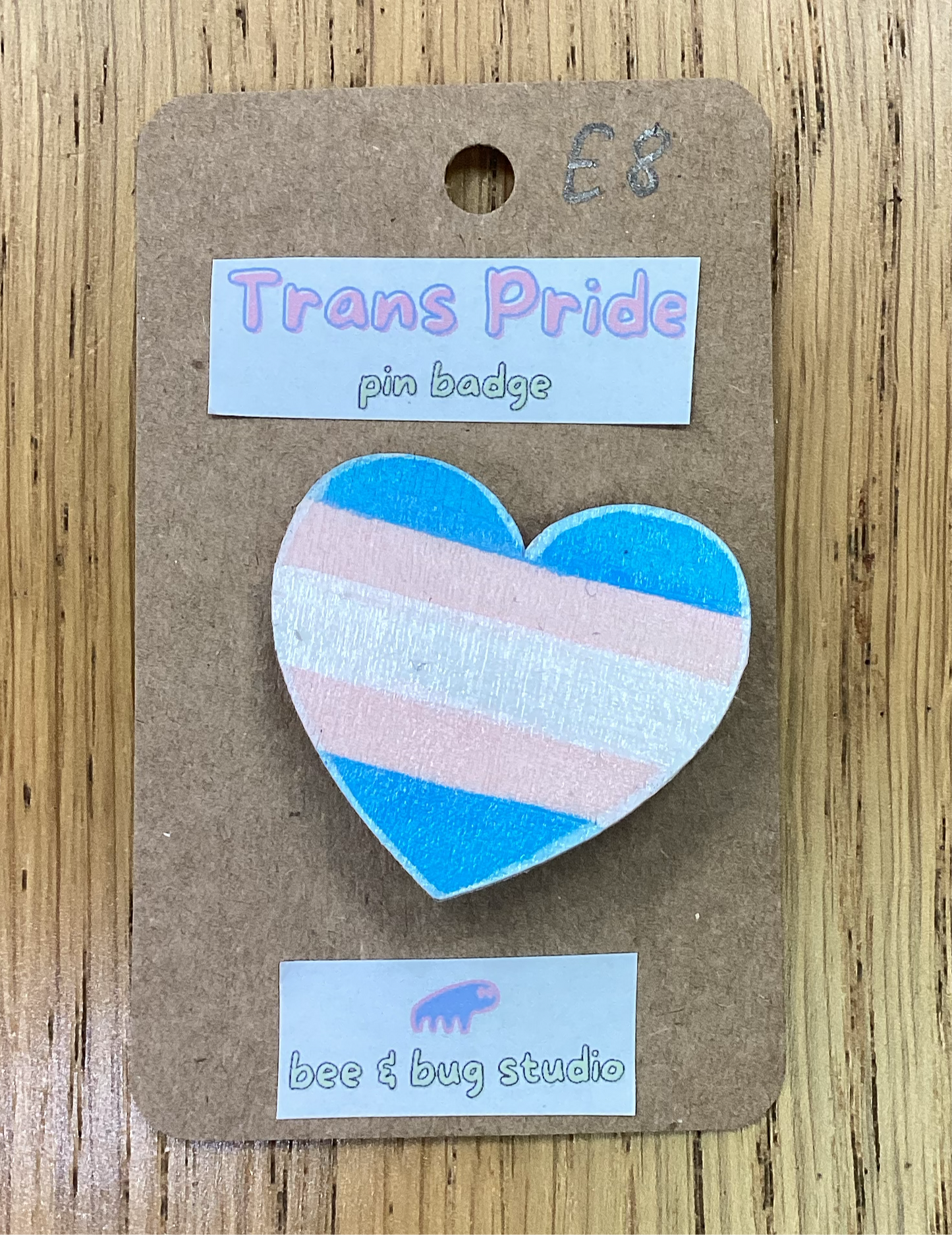 Trans pride wooden pin badge Bee & Bug Studio