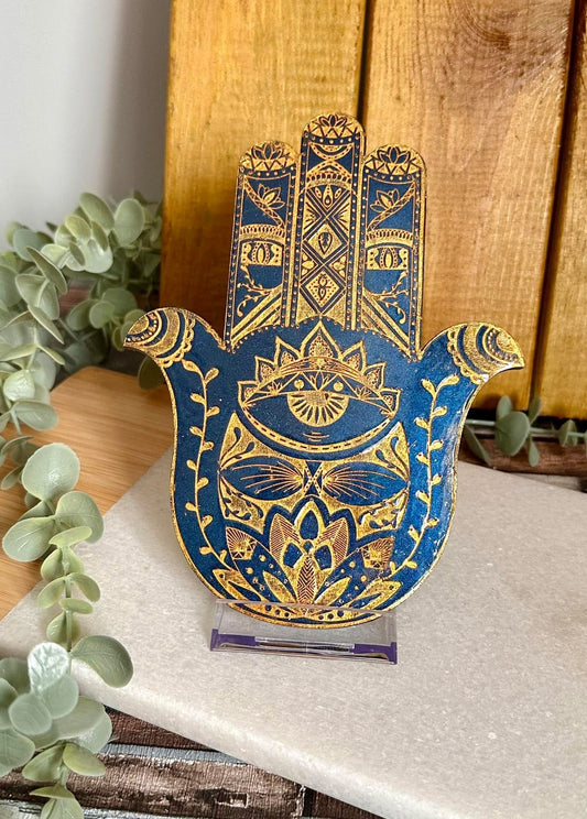 Blue and Gold Hamsa (with stand) by MesmeResin