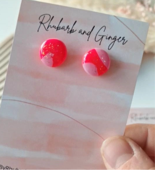 Neon pink and sparkly silver stud earrings by Rhubarb & Ginger