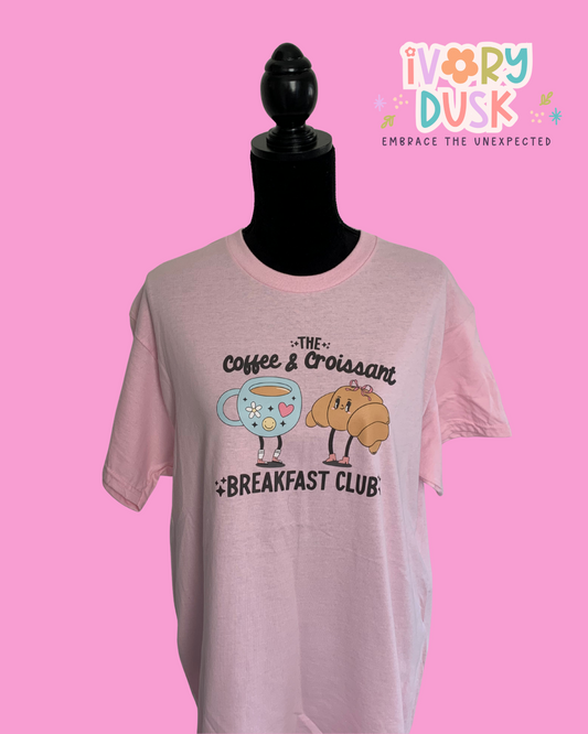 Coffee & croissant breakfast club t-shirt by Ivory Dusk