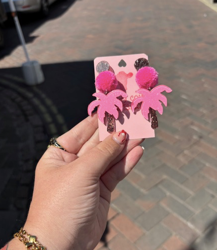 Moody Cow - Pink Palm tree pompom earrings